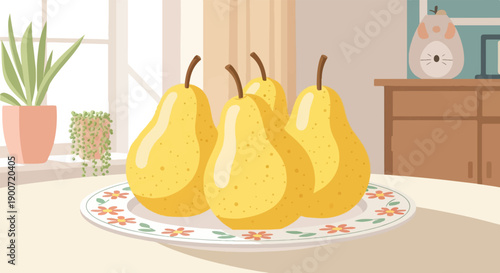 Still life with four pears on a decorative plate near a window with plants