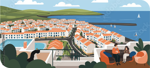 Pixel art coastal town with people relaxing on a balcony