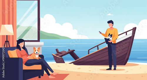 People with pets by the sea, one indoors, one outdoors near a shipwreck