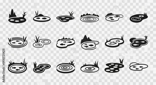 A collection of stylized black and white pond icons with various shapes and elements.
