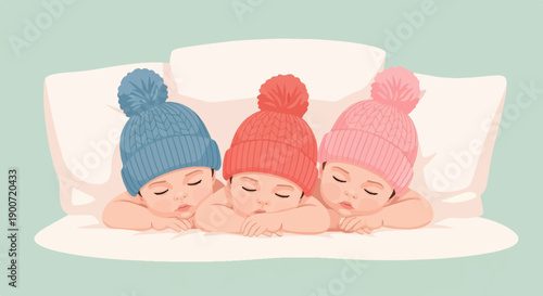 Three babies in colorful knitted hats sleep peacefully on a soft pillow