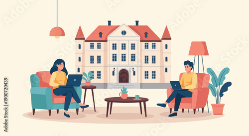 People working on laptops in a cozy indoor setting with a large building outside