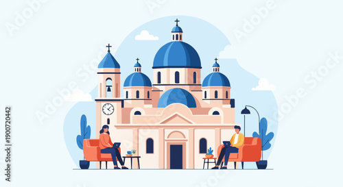 People with laptops in armchairs outside a classic building with blue domes