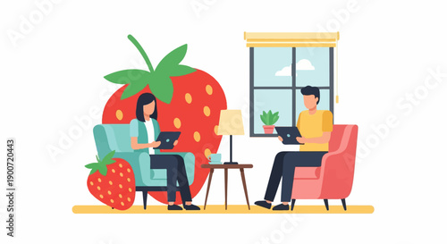 People with tablets relax near large strawberries in cozy room