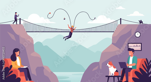 People work and bungee jump over a serene mountain lake