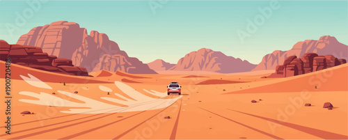 Pixel art desert landscape with a car driving on a sandy track