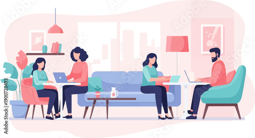 People working on laptops in a modern, stylish coworking space