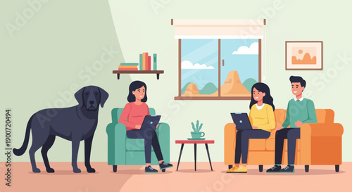 People working on laptops in a room with a dog and a window view