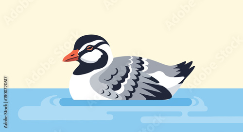 Pixel art goose with orange beak swims in calm blue water