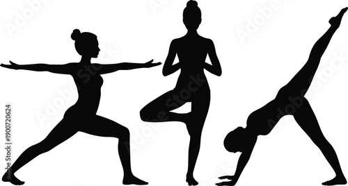 Yoga pose silhouette women practicing balance strength flexibility meditation wellness fitness concept, flat vector illustration isolated on white background