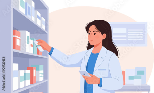 Person in lab coat reaching for items on shelf while holding a smartphone