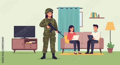 Soldier stands guard in living room while people relax