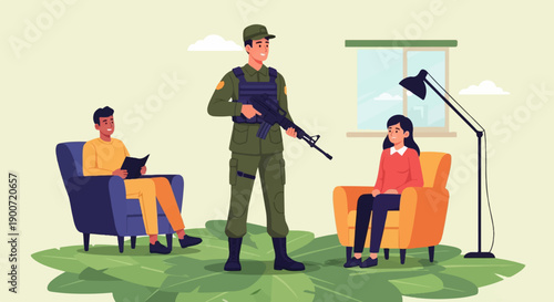 Soldier stands guard over civilians in a room