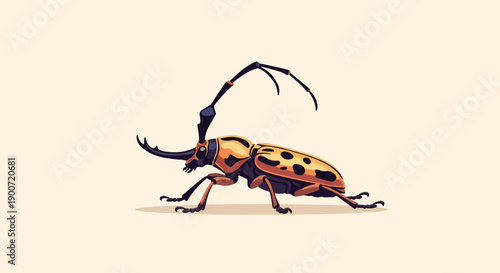Pixel art illustration of a long-horned beetle with orange and black markings