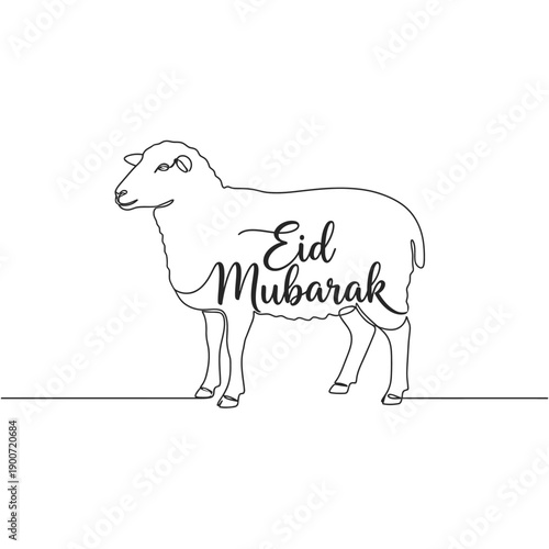 Eid Mubarak typography inside sheep continuous line art illustration for Islamic Eid al-Adha greeting cards and religious festive design
