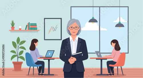 Senior businesswoman leading a team in a bright, modern office environment