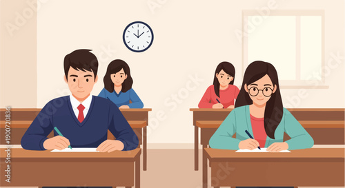 Students sit at desks in a classroom taking a test under a wall clock