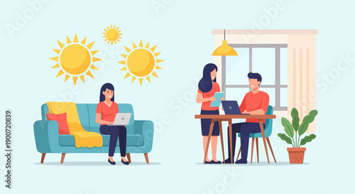 People working on laptops in a bright, sunlit room with outdoor elements