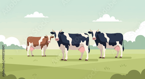 Three cartoon cows graze in a flat green field under a pale sky