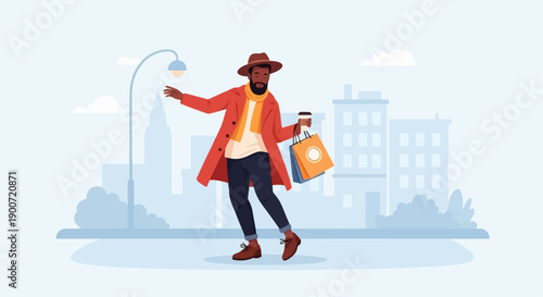 Stylish man with coffee and shopping bags walks in the city