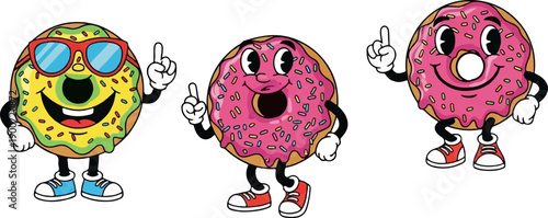 Three cartoon donuts with arms, legs, and faces, standing