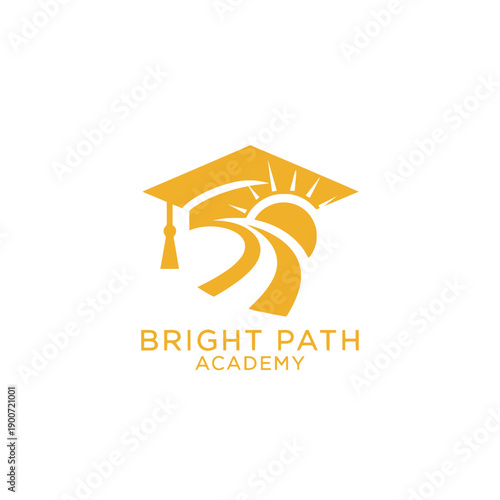 Graduation cap road and sun icon for education and academic school logo for Bright Path Academy