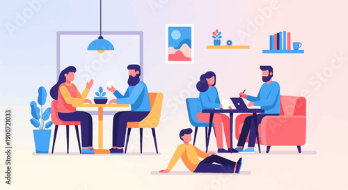 People interacting and working in a modern cafe interior with colorful furniture