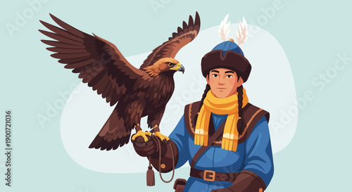 Person in traditional attire with a bird of prey on their gloved hand