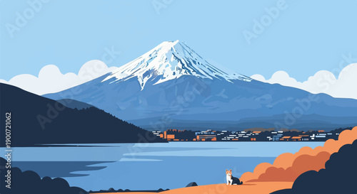 Snowy mountain peak overlooks a calm lake with a distant town and a cat