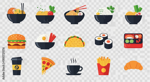 A diverse collection of flat design food and drink icons, featuring various cuisines and popular fast food items.