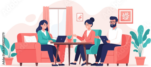 Three colleagues collaborate on a project, using laptops and tablets