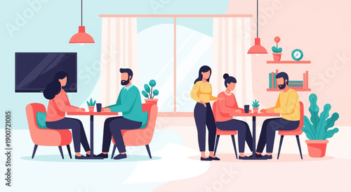 People interacting in a brightly lit, modern interior space