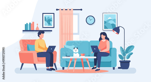 People working on laptops from home with a dog and indoor plants