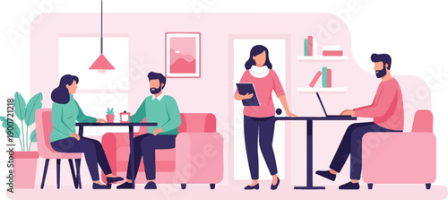 People interacting in a modern cafe with plants and artwork