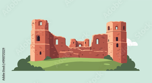 Pixel art of ancient brick castle ruins on a grassy hill