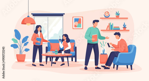 People interacting in a modern living room, engaged in conversation and work