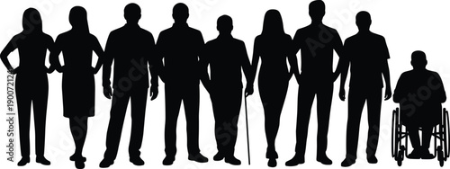 Diverse people including wheelchair user silhouette, inclusion and accessibility concept, community equality and support scene, flat vector illustration