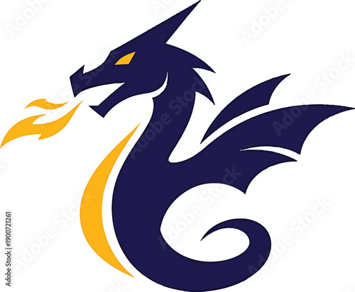Dark Blue Dragon Breathing Fire with Yellow Flames.