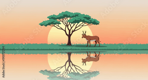 Pixel art savanna scene with antelope and tree reflected in water