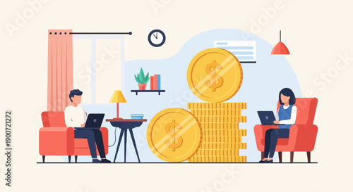 People working on laptops at home with stacks of coins