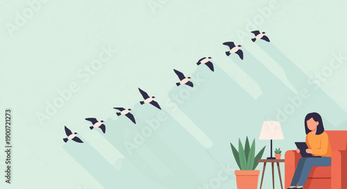 Person indoors watching birds fly across the sky