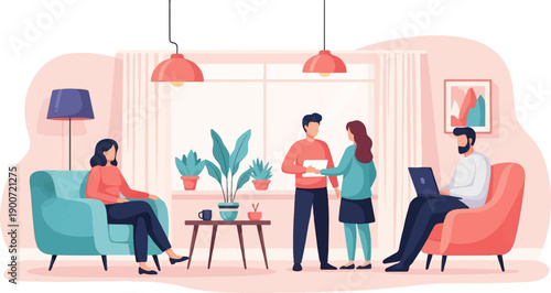 People interacting in a modern living room, two working and one relaxing