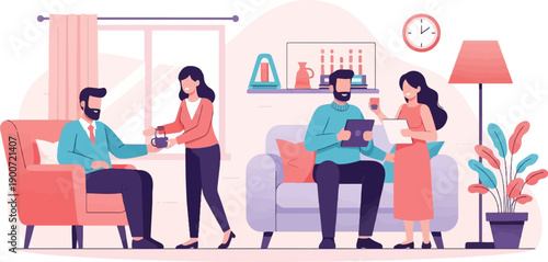 People interacting in a modern living room with furniture and decor