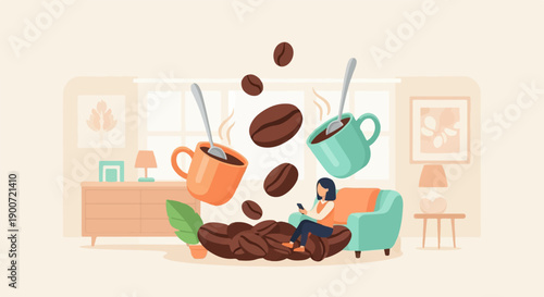 Person on couch with floating coffee cups and beans in cozy room