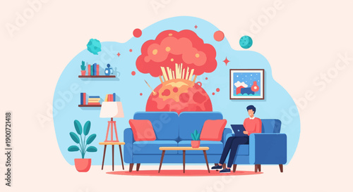 Person on couch with laptop, surreal explosion backdrop, home interior