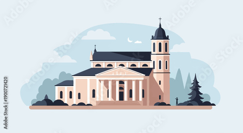Stylized building with classical facade and bell tower