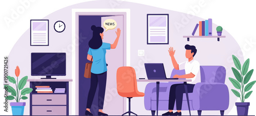 People interacting in a modern room with technology and plants