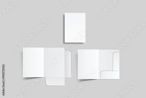 A4 Size paper folder mockup bi fold design and paper with pocket on isolated on background.Blank folded paper, open leaflet template for print layout, brochure, presentation document, flyer, catalogue