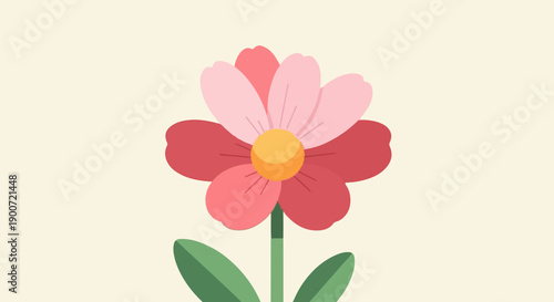 Stylized cartoon flower with red, pink petals, yellow center, green stem, leaves