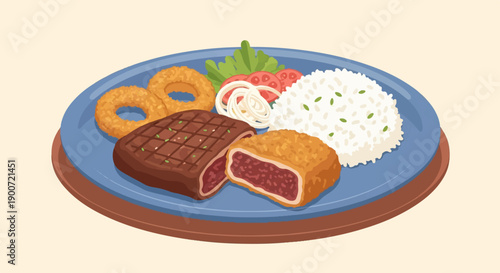 Pixel art style meal with steak, rice, fried cutlet, onion rings, and salad